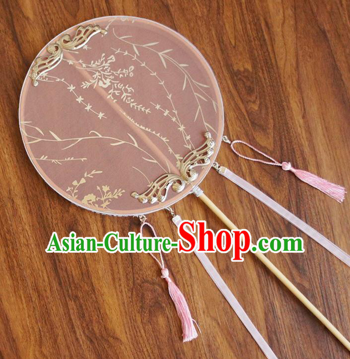 Chinese Traditional Hanfu Printing Palace Fans Ancient Princess Pink Silk Round Fan for Women