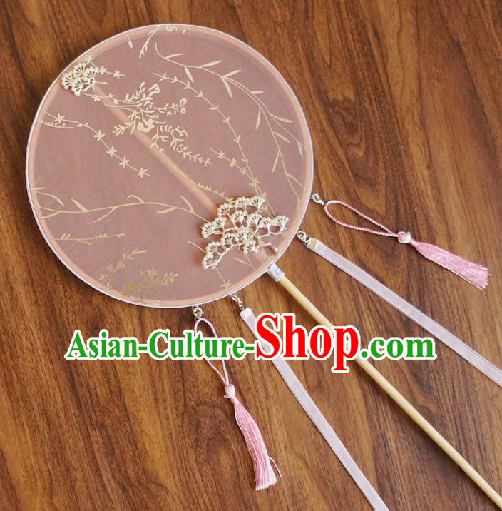 Chinese Traditional Hanfu Pine Palace Fans Ancient Princess Pink Silk Round Fan for Women