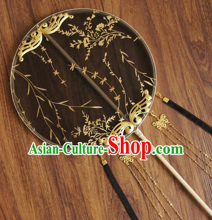 Chinese Traditional Hanfu Butterfly Tassel Black Palace Fans Ancient Princess Silk Round Fan for Women