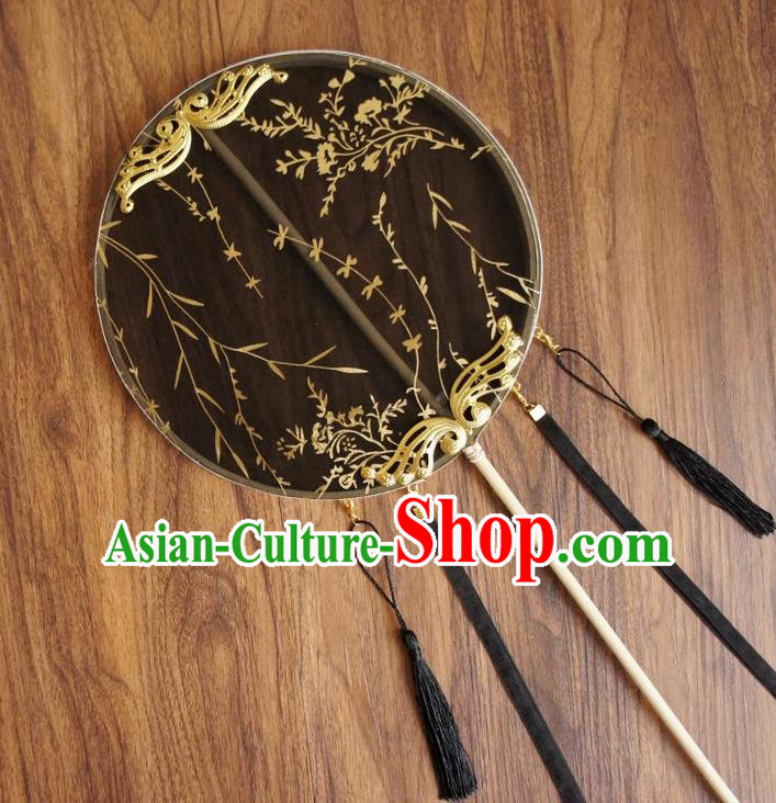 Chinese Traditional Hanfu Ribbon Tassel Black Palace Fans Ancient Princess Silk Round Fan for Women