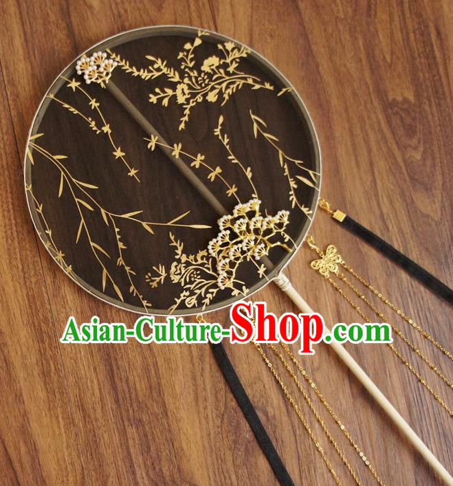 Chinese Traditional Hanfu Butterfly Tassel Black Pine Palace Fans Ancient Princess Silk Round Fan for Women