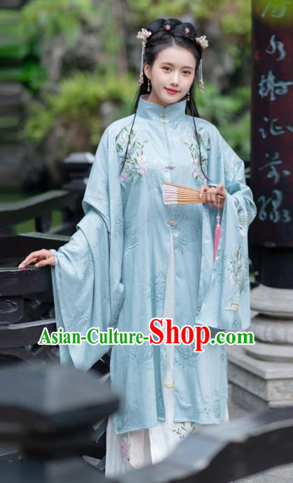 Traditional Chinese Ming Dynasty Replica Costumes Ancient Rich Lady Blue Hanfu Dress Complete Set for Women