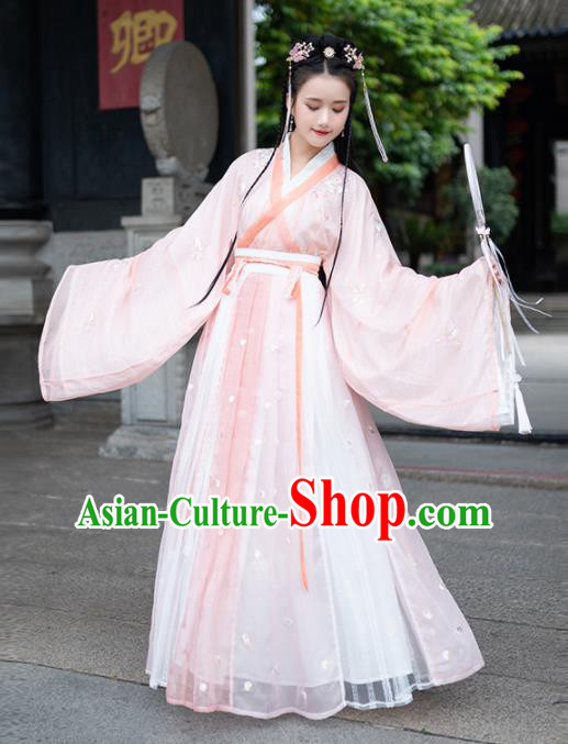 Traditional Chinese Jin Dynasty Nobility Lady Replica Costumes Ancient Royal Princess Pink Hanfu Dress for Women