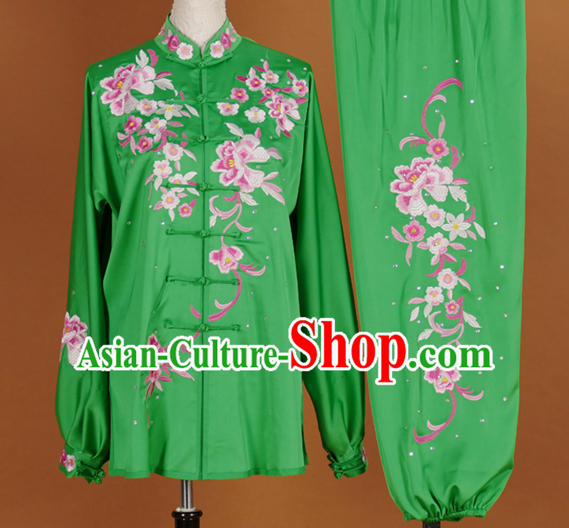 Top Embroidered Green Flower Long Sleeves Tai Chi Suits Martial Arts Clothing Kung Fu Dress Wushu Suits Stage Performance Championship Competition Full Set