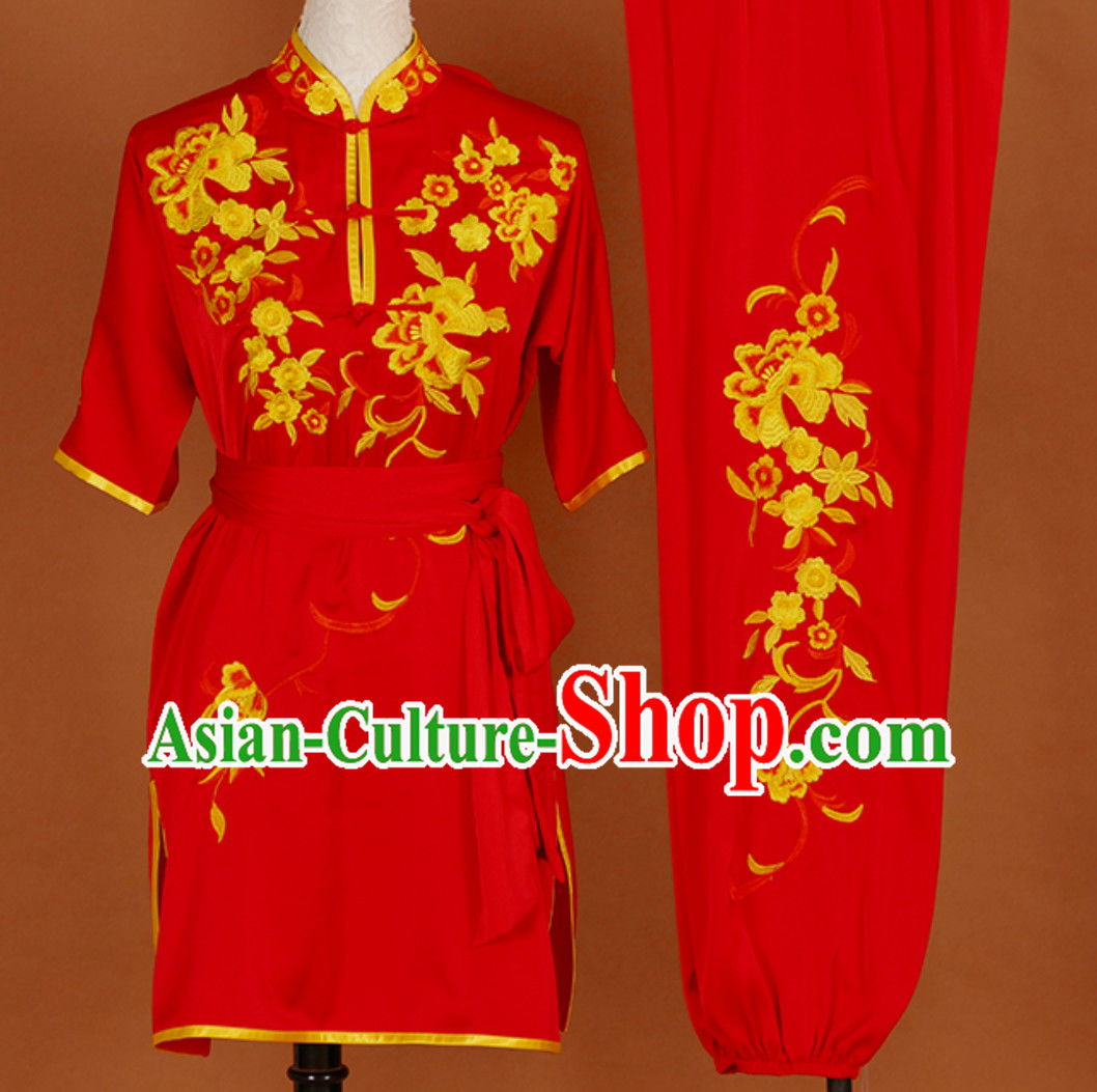 Lucky Red Embroidered Short Sleeves Martial Arts Clothing Kung Fu Dress Wushu Suits Stage Performance Championship Competition Full Set for Girls Women