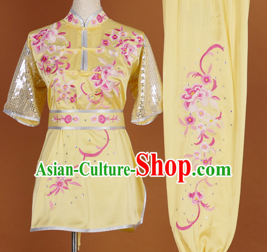 China Classical Embroidered Short Sleeves Martial Arts Clothing Kung Fu Dress Wushu Suits Stage Performance Championship Competition Full Set for Girls Women