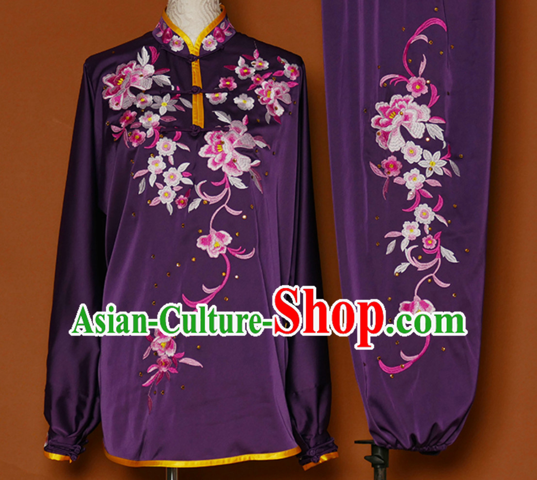 Purple Asian Embroidered Long Sleeves Martial Arts Clothing Kung Fu Dress Wushu Suits Stage Performance Championship Competition Full Set for Girls Women