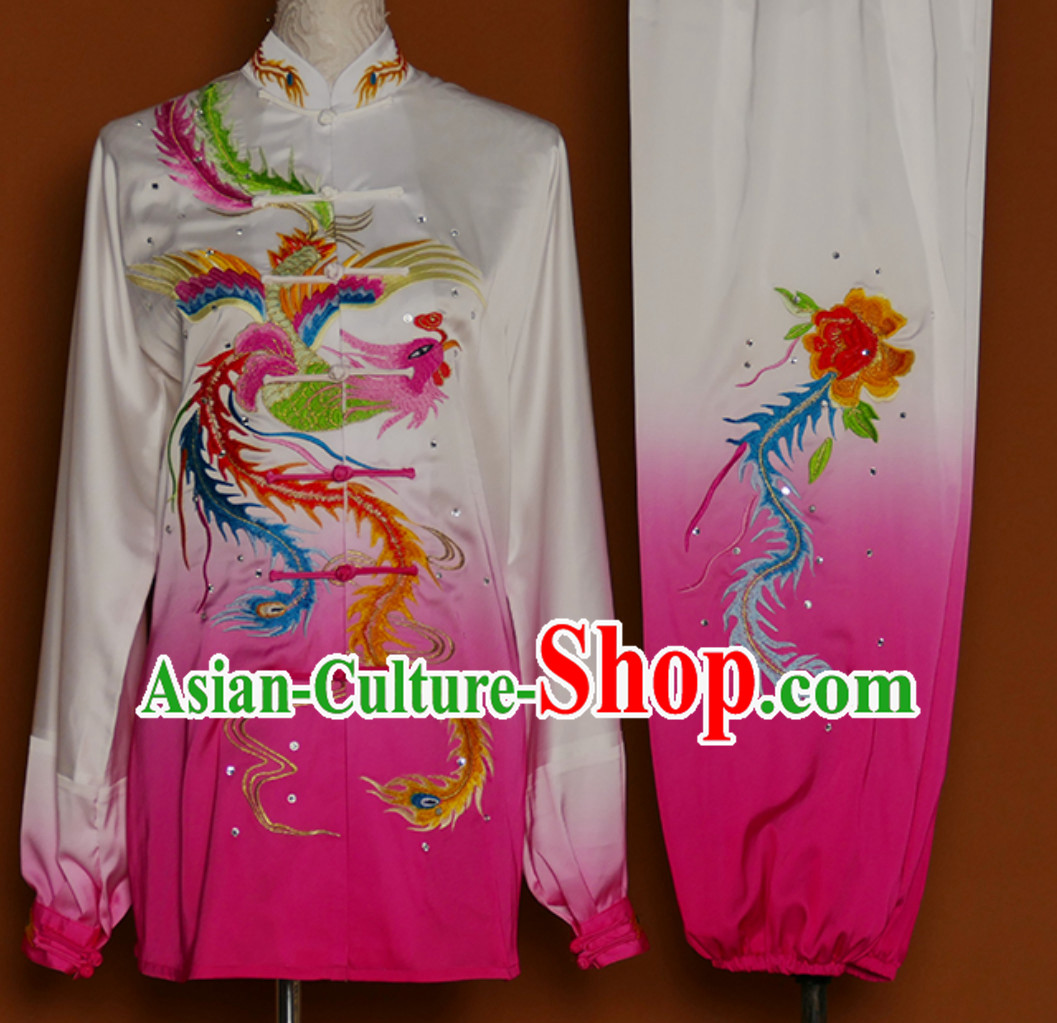 Color Change Phoenix Embroidered Long Sleeves Martial Arts Clothing Kung Fu Dress Wushu Suits Stage Performance Championship Competition Full Set for Girls Women