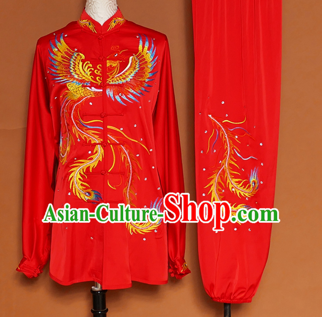 Lucky Red Giant Phoenix Embroidered Long Sleeves Martial Arts Clothing Kung Fu Dress Wushu Suits Stage Performance Championship Competition Dresses Full Set for Girls Women