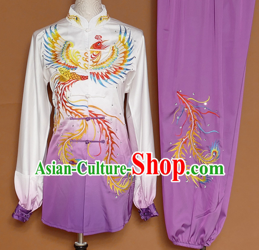 Purple Classical Giant Phoenix Embroidered Long Sleeves Martial Arts Clothing Kung Fu Dress Wushu Suits Stage Performance Championship Competition Dresses Full Set for Girls Women