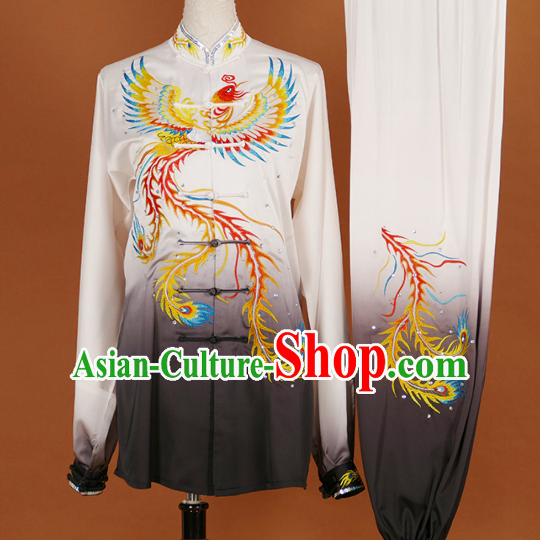 Black White Classical Giant Phoenix Embroidered Long Sleeves Martial Arts Clothing Kung Fu Dress Wushu Suits Stage Performance Championship Competition Dresses Full Set for Girls Women