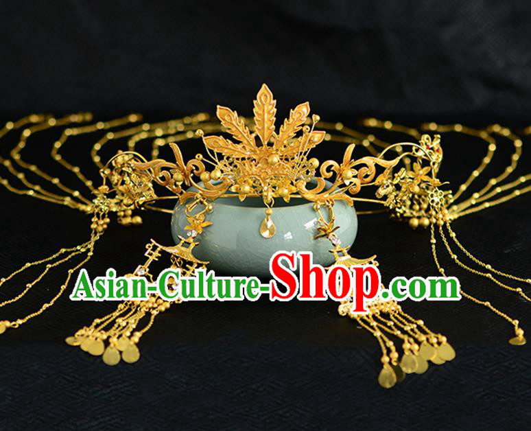 Chinese Ancient Tang Dynasty Palace Princess Golden Phoenix Coronet Hairpins Traditional Hanfu Court Hair Accessories for Women