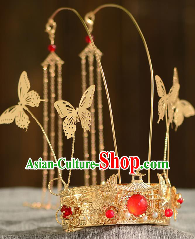 Chinese Ancient Tang Dynasty Princess Golden Phoenix Coronet Hairpins Traditional Hanfu Court Hair Accessories for Women