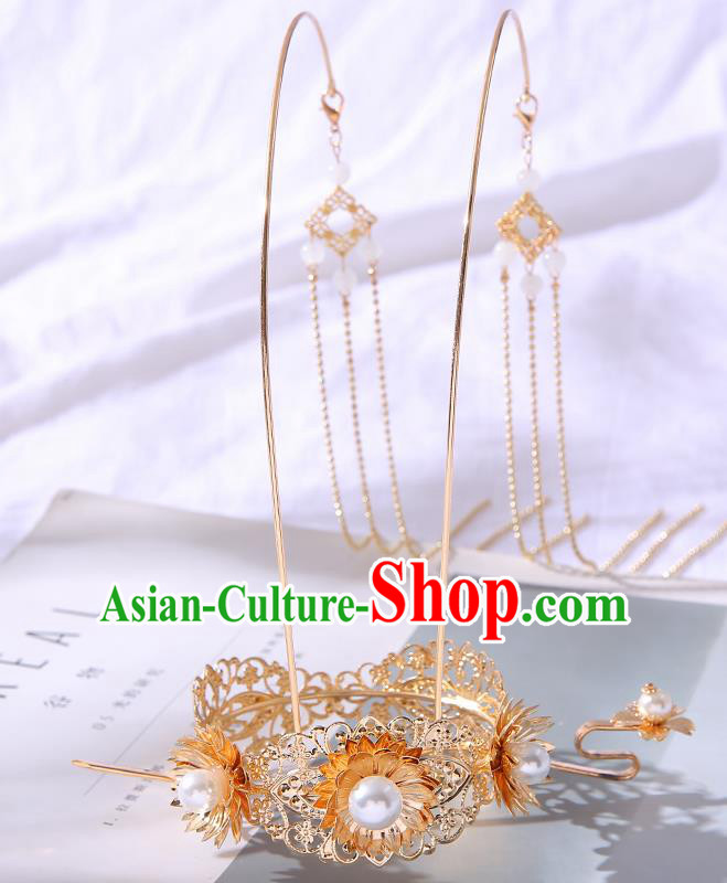 Chinese Ancient Tang Dynasty Princess Golden Lotus Phoenix Coronet Hairpins Traditional Hanfu Court Hair Accessories for Women