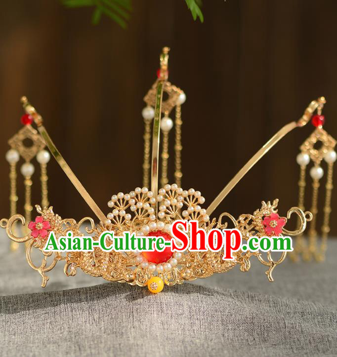 Chinese Ancient Tang Dynasty Princess Golden Pine Phoenix Coronet Hairpins Traditional Hanfu Court Hair Accessories for Women