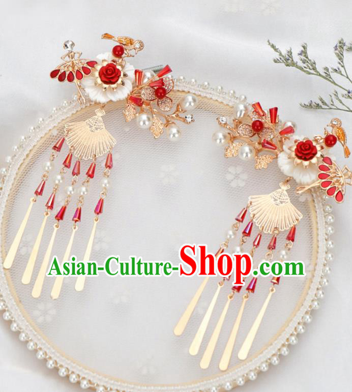 Chinese Ancient Ming Dynasty Princess Red Rose Hair Claws Hairpins Traditional Hanfu Court Hair Accessories for Women