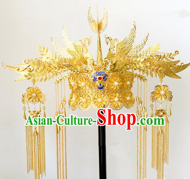 Chinese Ancient Ming Dynasty Golden Phoenix Coronet Hairpins Traditional Hanfu Court Princess Hair Accessories for Women