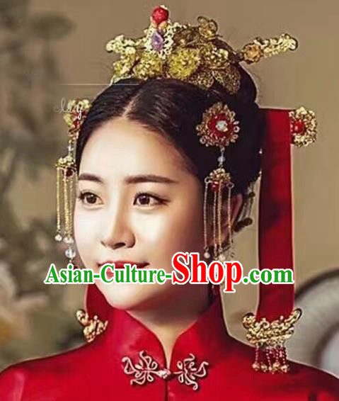 Chinese Ancient Han Dynasty Bride Phoenix Coronet Hairpins Traditional Hanfu Court Princess Hair Accessories for Women