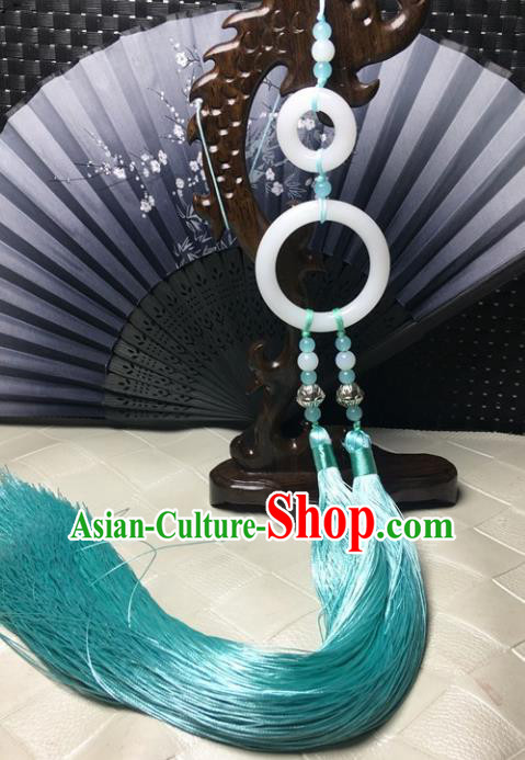 Traditional Chinese Hanfu White Jade Ring Waist Accessories Ancient Swordsman Blue Tassel Pendant