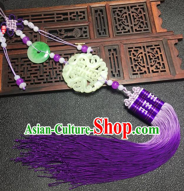 Traditional Chinese Hanfu Jade Carving Longevity Waist Accessories Purple Tassel Pendant Ancient Swordsman Brooch