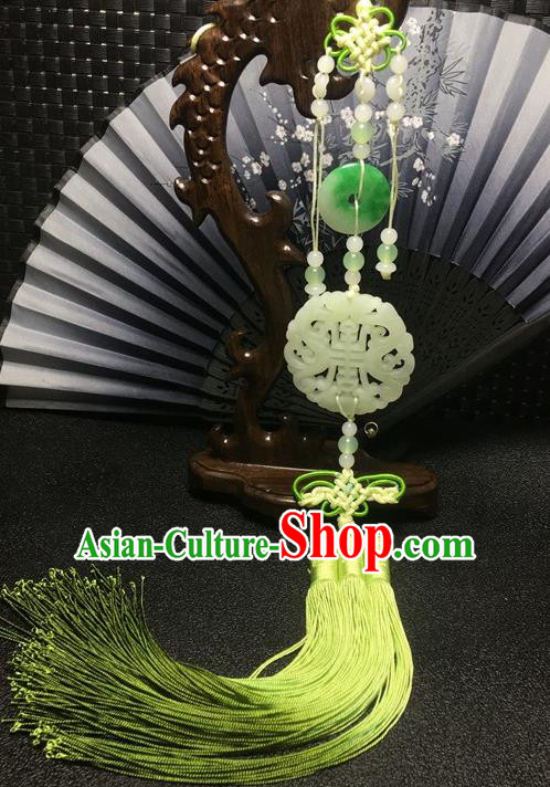 Traditional Chinese Hanfu Jade Carving Longevity Waist Accessories Green Tassel Pendant Ancient Swordsman Brooch