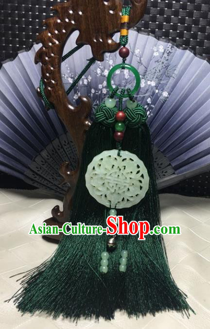 Traditional Chinese Hanfu Jade Carving Bats Waist Accessories Green Tassel Pendant Ancient Swordsman Brooch