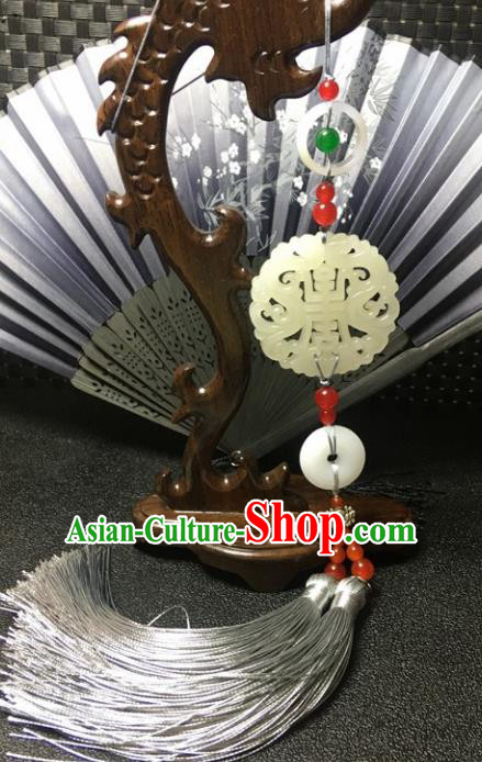 Traditional Chinese Hanfu White Jade Waist Accessories Grey Tassel Pendant Ancient Swordsman Brooch