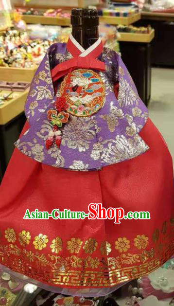 Traditional Korean Hanbok Clothing Purple Brocade Blouse and Red Dress Asian Korea Ancient Fashion Apparel Costume for Kids