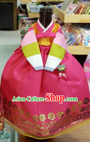 Traditional Korean Hanbok Clothing Pink Brocade Blouse and Rosy Dress Asian Korea Ancient Fashion Apparel Costume for Kids