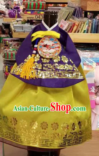 Traditional Korean Hanbok Clothing Purple Brocade Blouse and Yellow Dress Asian Korea Ancient Fashion Apparel Costume for Kids