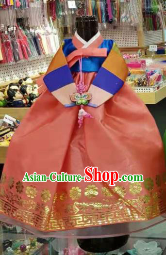 Traditional Korean Hanbok Clothing Blue Brocade Blouse and Pink Dress Asian Korea Ancient Fashion Apparel Costume for Kids