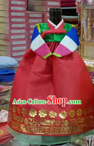 Traditional Korean Hanbok Clothing Green Brocade Blouse and Red Dress Asian Korea Ancient Fashion Apparel Costume for Kids