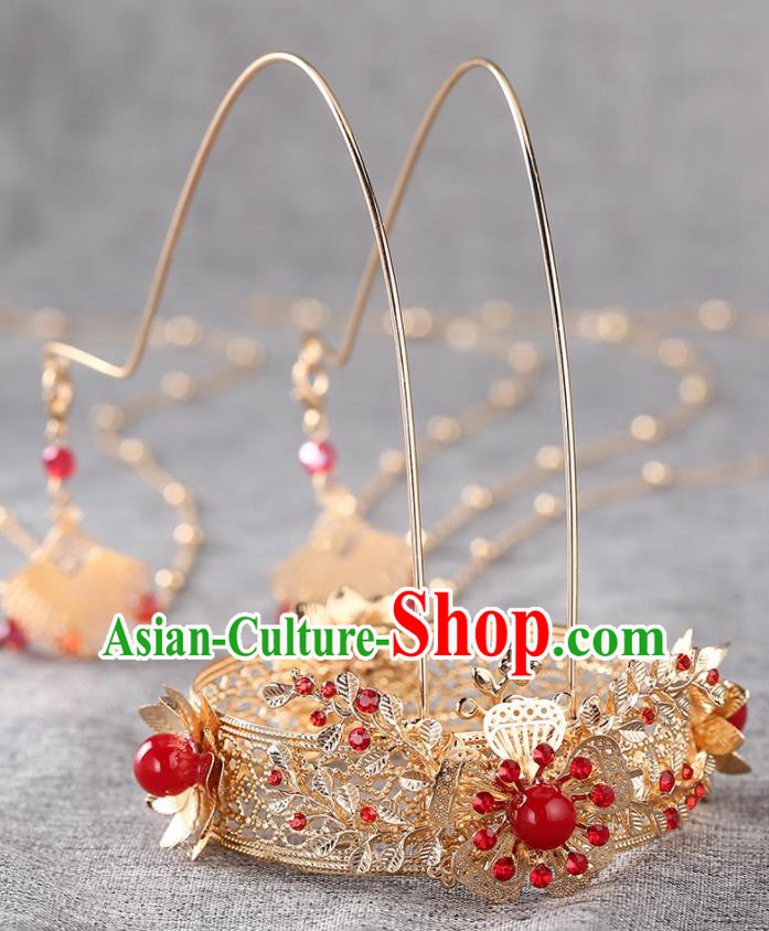 Chinese Ancient Ming Dynasty Princess Golden Tassel Phoenix Coronet Hairpins Traditional Hanfu Court Hair Accessories for Women