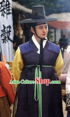 Traditional Korean Court Purple Hanbok Clothing Asian Korea Ancient Prince Apparel Costume and Hat for Men