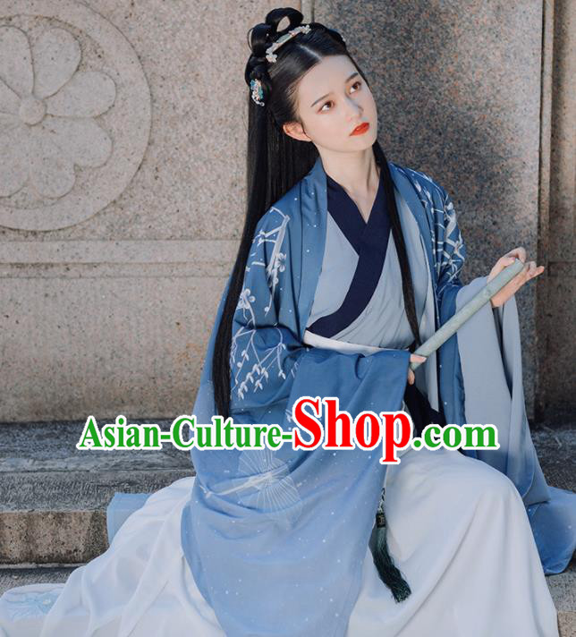 Traditional Chinese Jin Dynasty Imperial Concubine Replica Costumes Ancient Court Princess Blue Hanfu Dress for Women