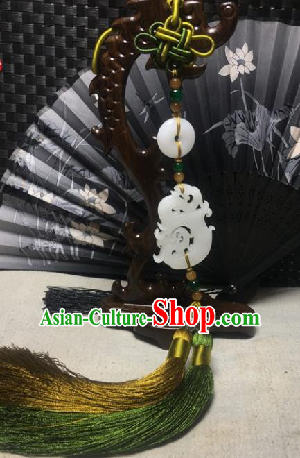 Traditional Chinese Hanfu White Jade Carving Dragon Waist Accessories Palace Tassel Pendant Ancient Swordsman Brooch