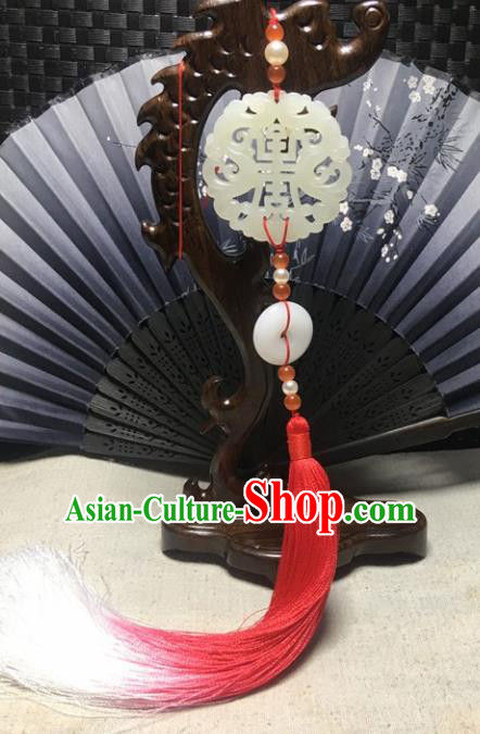 Traditional Chinese Hanfu Jade Carving Dragon Waist Accessories Palace Red Tassel Pendant Ancient Swordsman Brooch