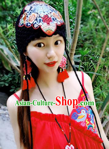 Chinese Traditional Ethnic Embroidered Hat National Handmade Black Wool Knitting Hat for Women