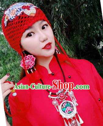 Chinese Traditional Ethnic Embroidered Hat National Handmade Red Wool Knitting Hat for Women