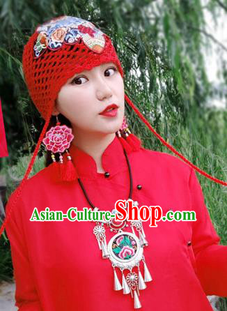 Chinese Traditional Ethnic Embroidered Hat National Handmade Red Wool Knitting Hat for Women
