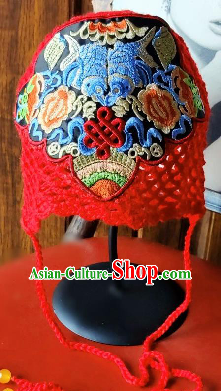 Chinese Traditional Ethnic Embroidered Hat National Handmade Red Wool Knitting Hat for Women