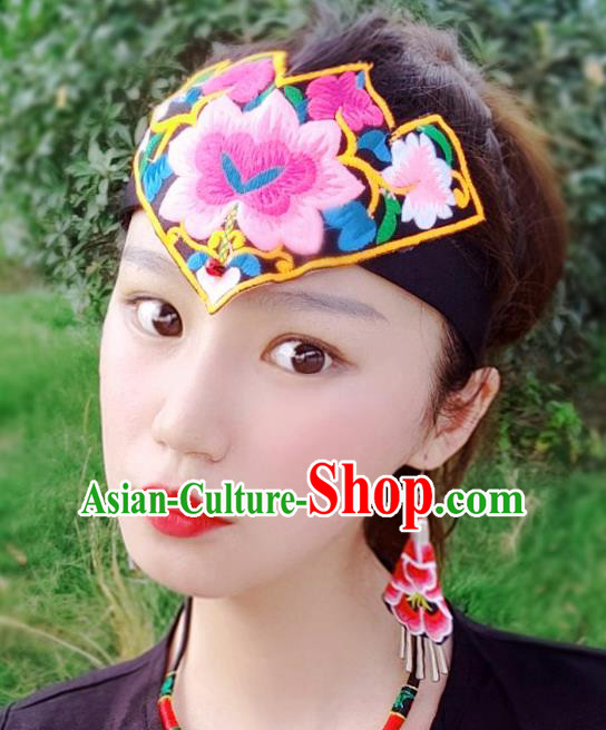 Chinese Traditional Ethnic Embroidered Peony Headband National Handmade Hair Clasp for Women