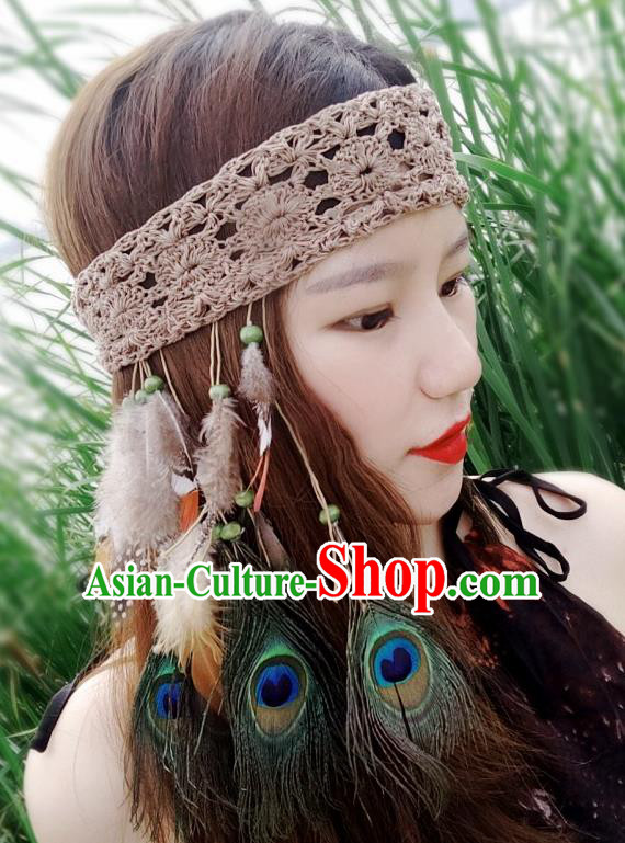 Chinese Traditional Ethnic Wool Knitting Headband National Handmade Feather Hair Clasp for Women