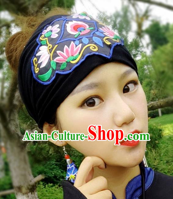 Chinese Traditional Ethnic Embroidered Lotus Blue Headband National Handmade Hair Clasp for Women