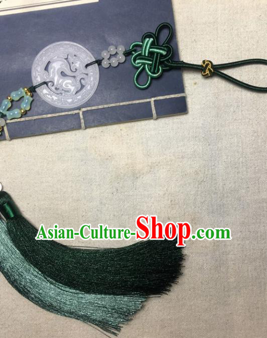 Traditional Chinese Hanfu White Jade Carving Dragon Waist Accessories Palace Green Tassel Pendant Ancient Swordsman Brooch