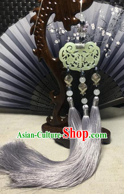 Traditional Chinese Hanfu Jade Carving Plum Waist Accessories Palace Grey Tassel Pendant Ancient Swordsman Brooch