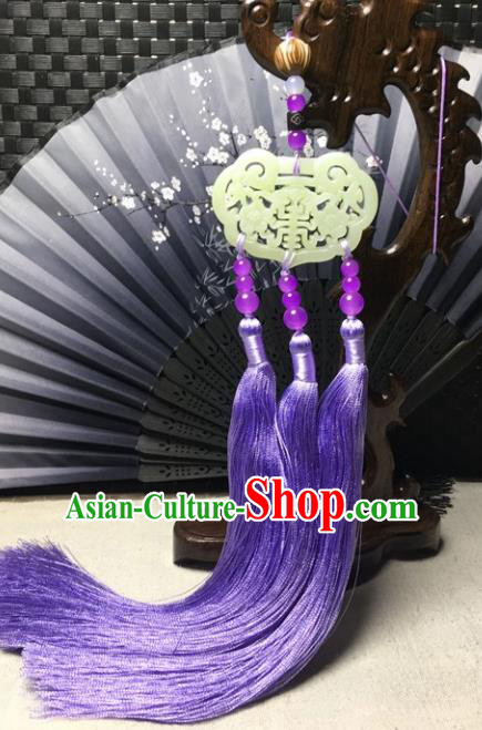 Traditional Chinese Hanfu Jade Carving Plum Lock Waist Accessories Palace Purple Tassel Pendant Ancient Swordsman Brooch