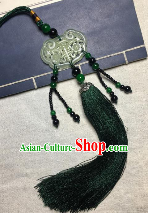 Traditional Chinese Hanfu Jade Carving Plum Lock Waist Accessories Palace Green Tassel Pendant Ancient Swordsman Brooch