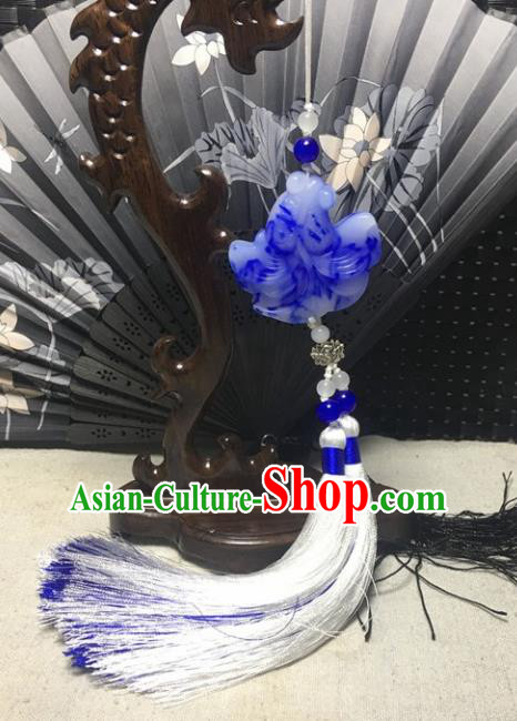 Traditional Chinese Hanfu Blue Jade Carving Waist Accessories Tassel Pendant Ancient Swordsman Brooch