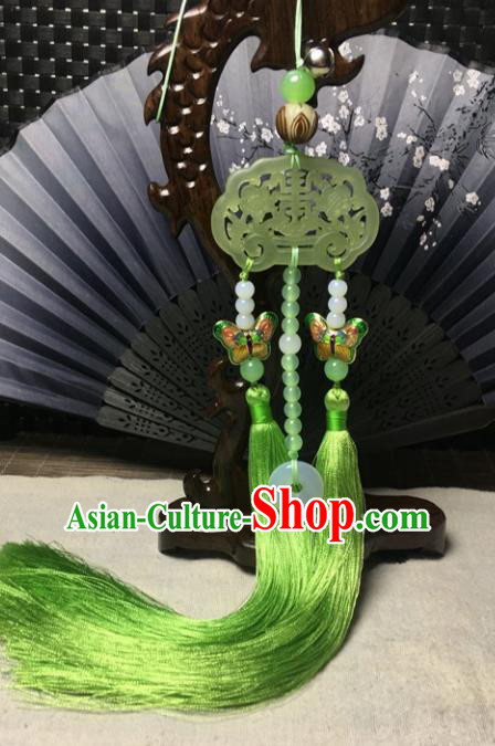 Traditional Chinese Hanfu Jade Carving Plum Lock Waist Accessories Palace Green Tassel Pendant Ancient Swordsman Brooch